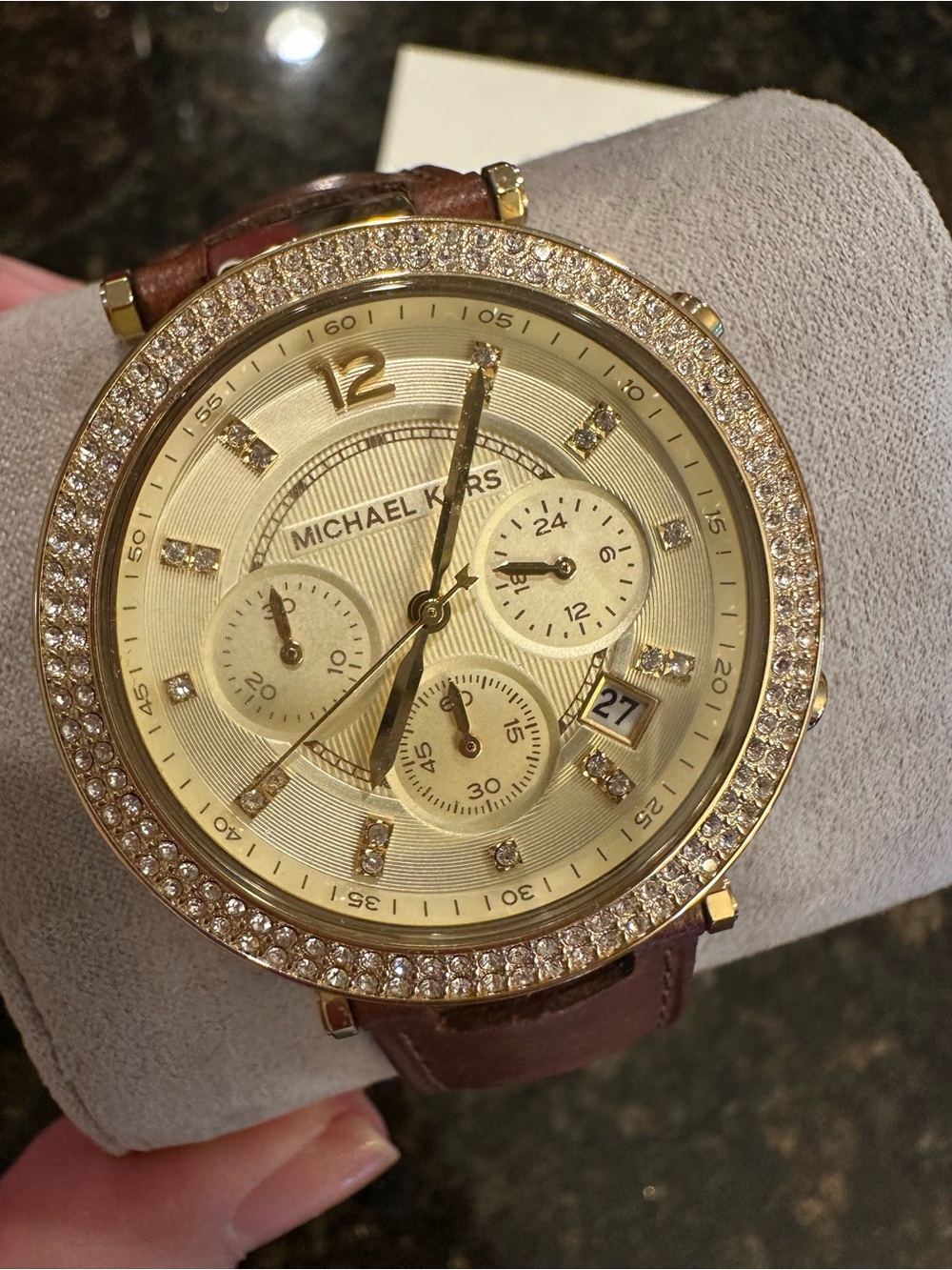 Michael Kors Gold-Tone Crystal Bezel Watch with Brown Strap